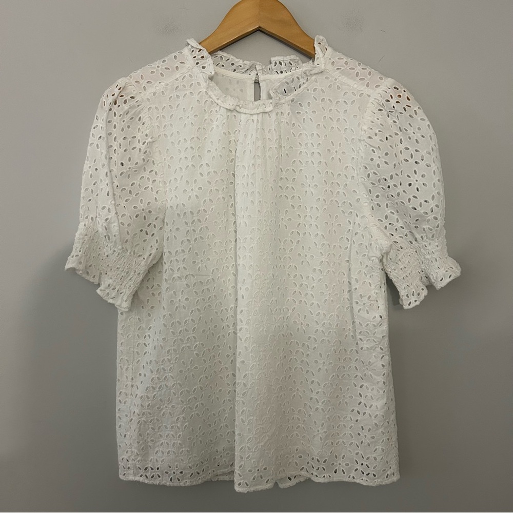J.Crew Smocked Puff Sleeve Top in Eyelet White